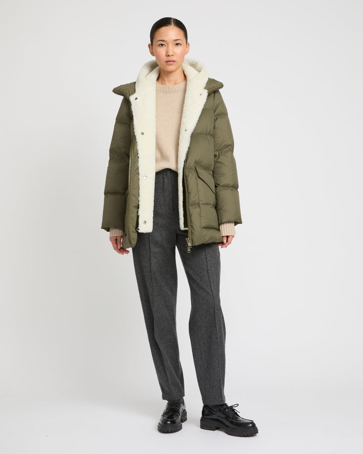 "A" line down jacket with lambskin shearling bib