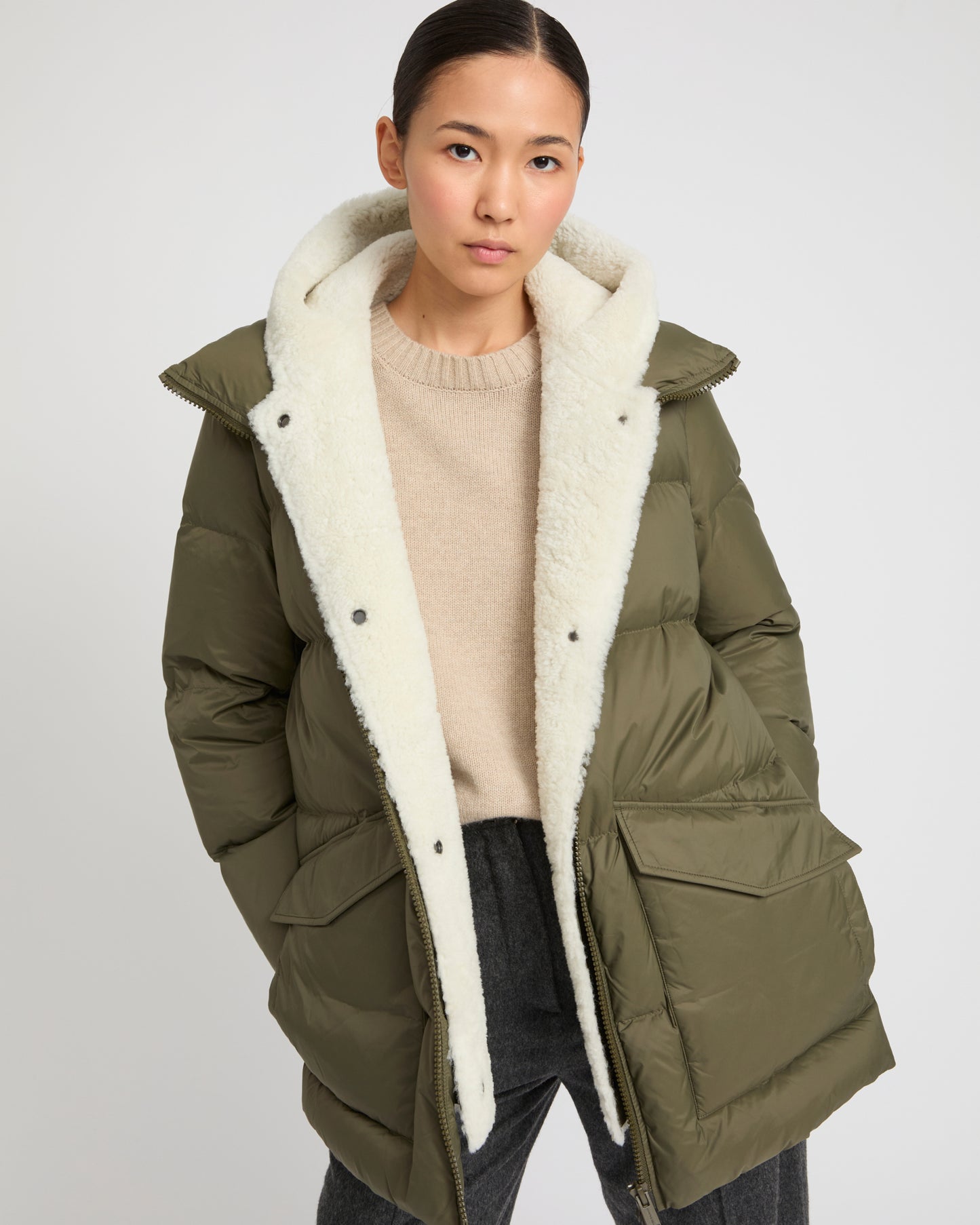 "A" line down jacket with lambskin shearling bib