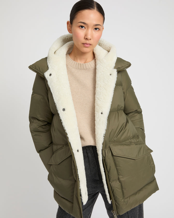 "A" line down jacket with lambskin shearling bib