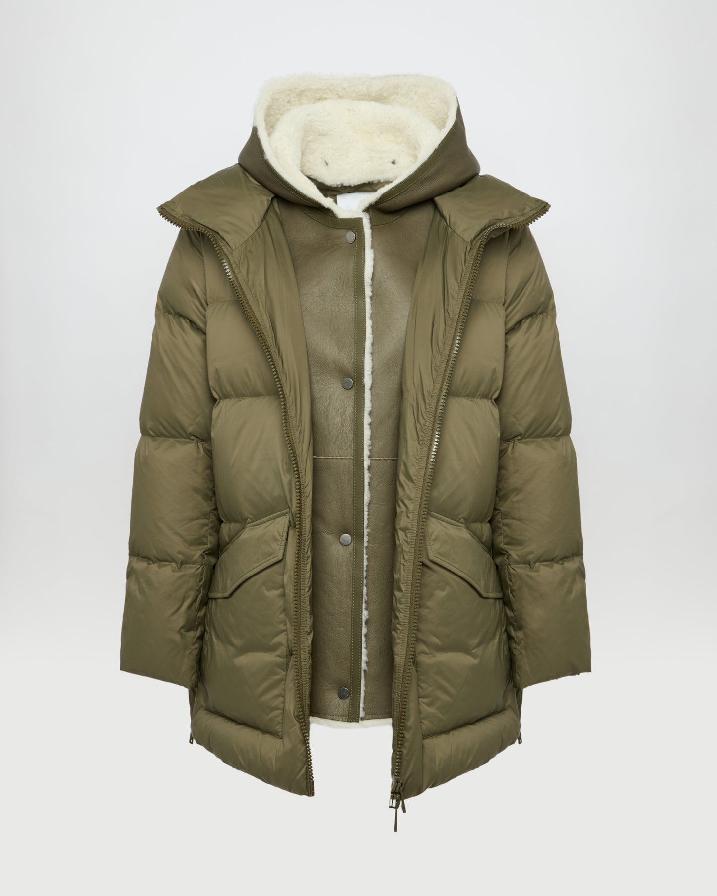"A" line down jacket with lambskin shearling bib