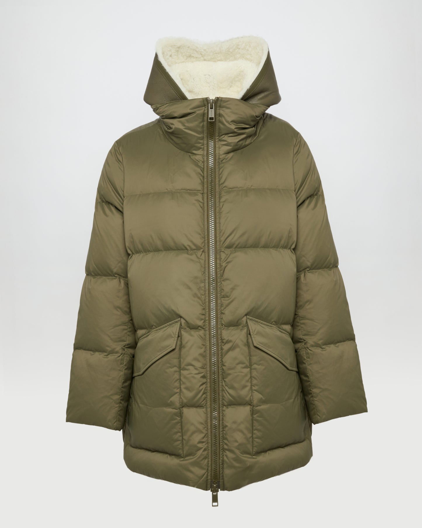 "A" line down jacket with lambskin shearling bib