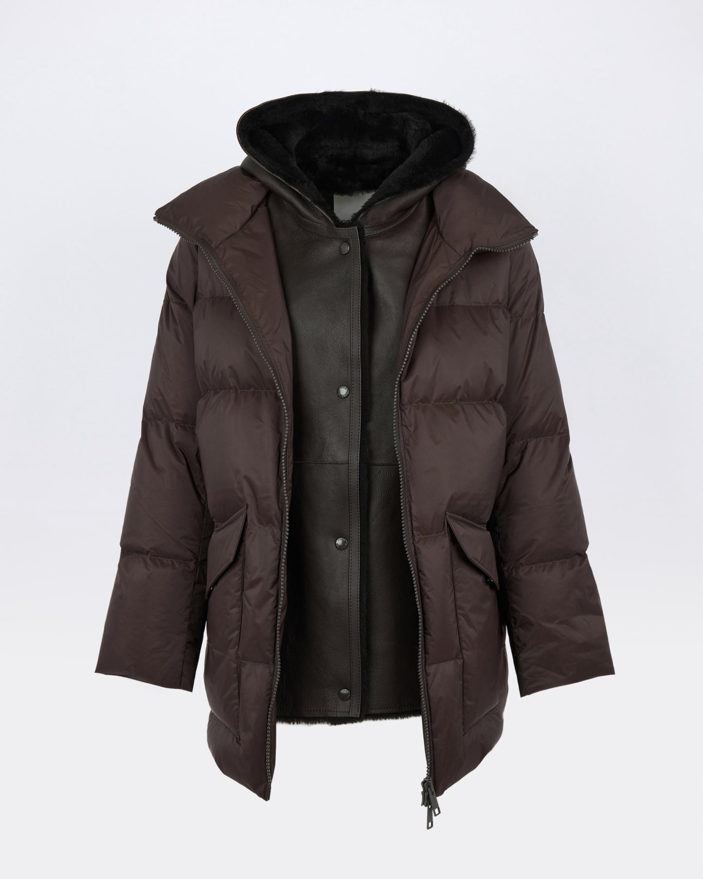 A-line down jacket in waterproof technical fabric with lambskin shearling bib panel - Yves Salomon - New Fall/Winter Collection