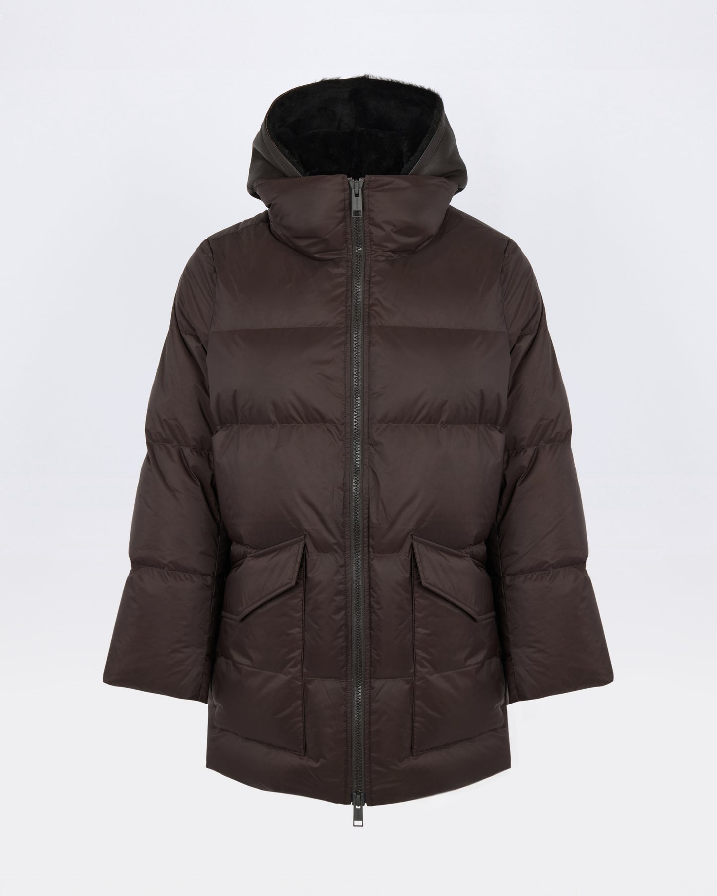 A-line down jacket in waterproof technical fabric with lambskin shearling bib panel - Yves Salomon - New Fall/Winter Collection