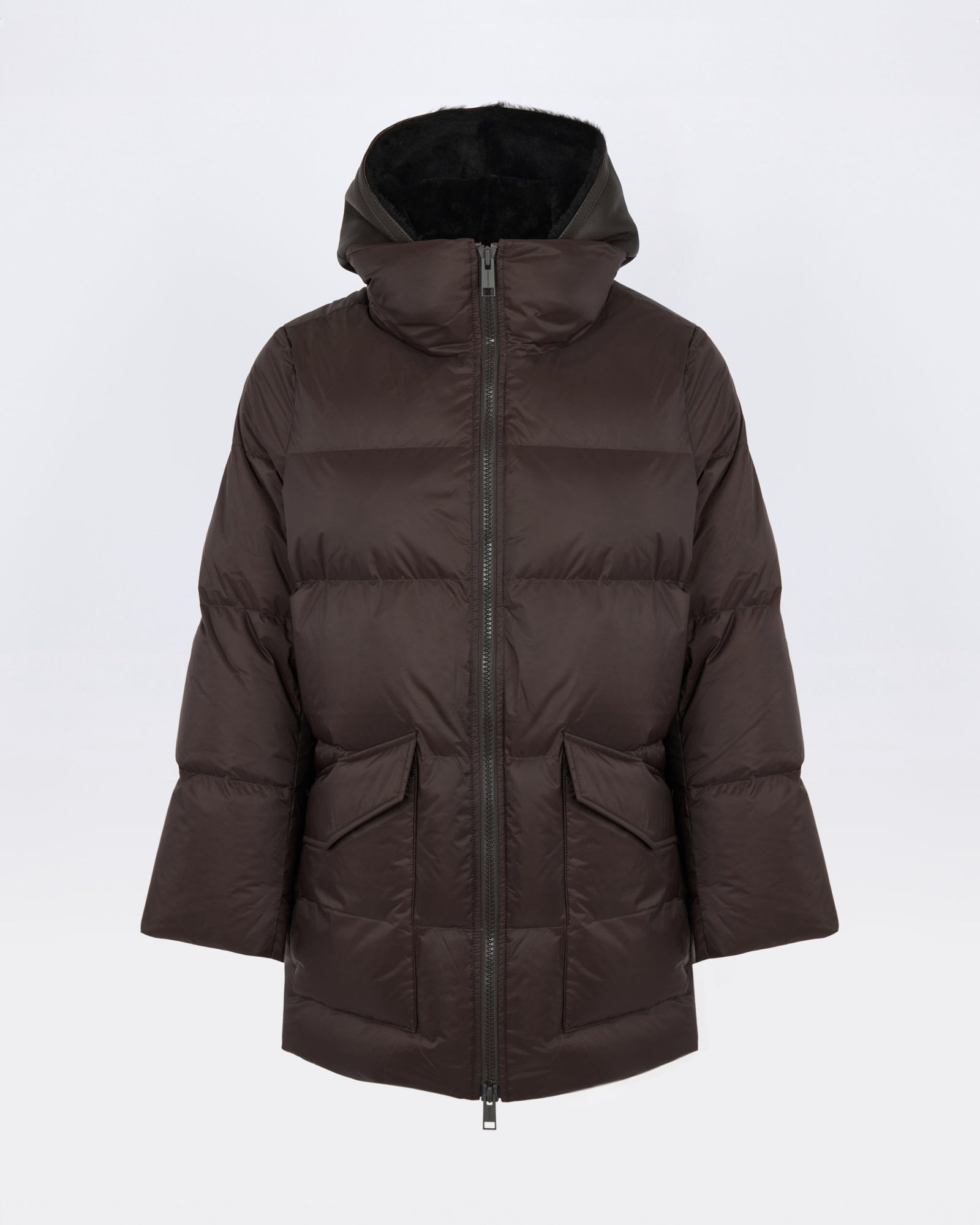 A-line down jacket in waterproof technical fabric with lambskin shearling bib panel - Yves Salomon - New Fall/Winter Collection