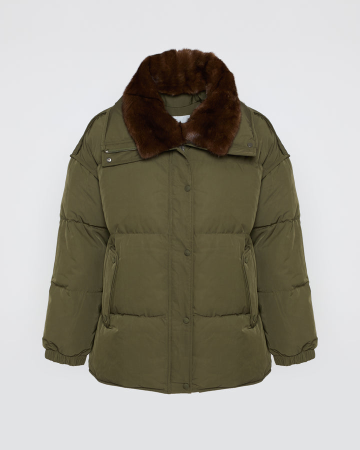 Mid-length down jacket with mink trim fur trim