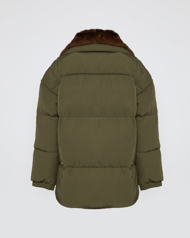 Mid-length down jacket with mink trim fur trim
