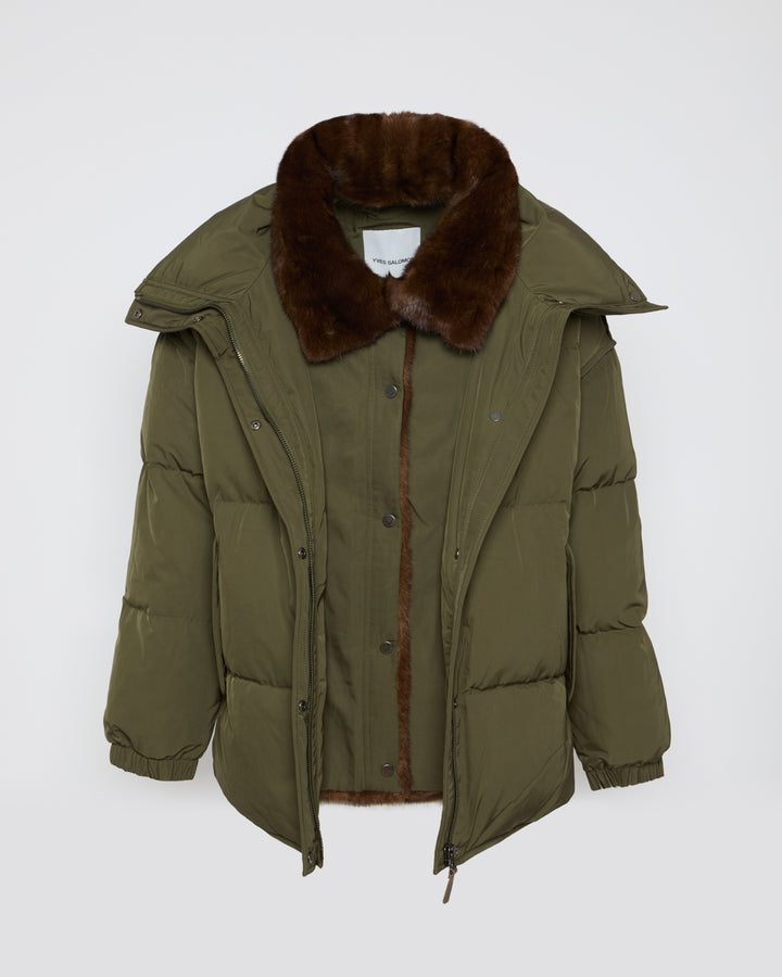 Mid-length down jacket with mink trim fur trim