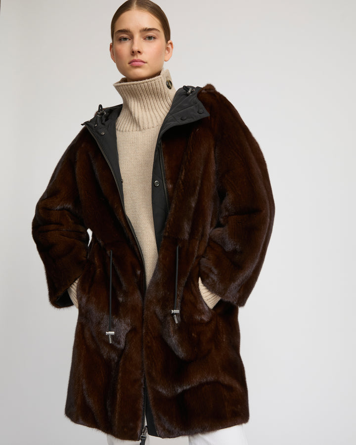 Reversible parka in technical fabric and mink fur