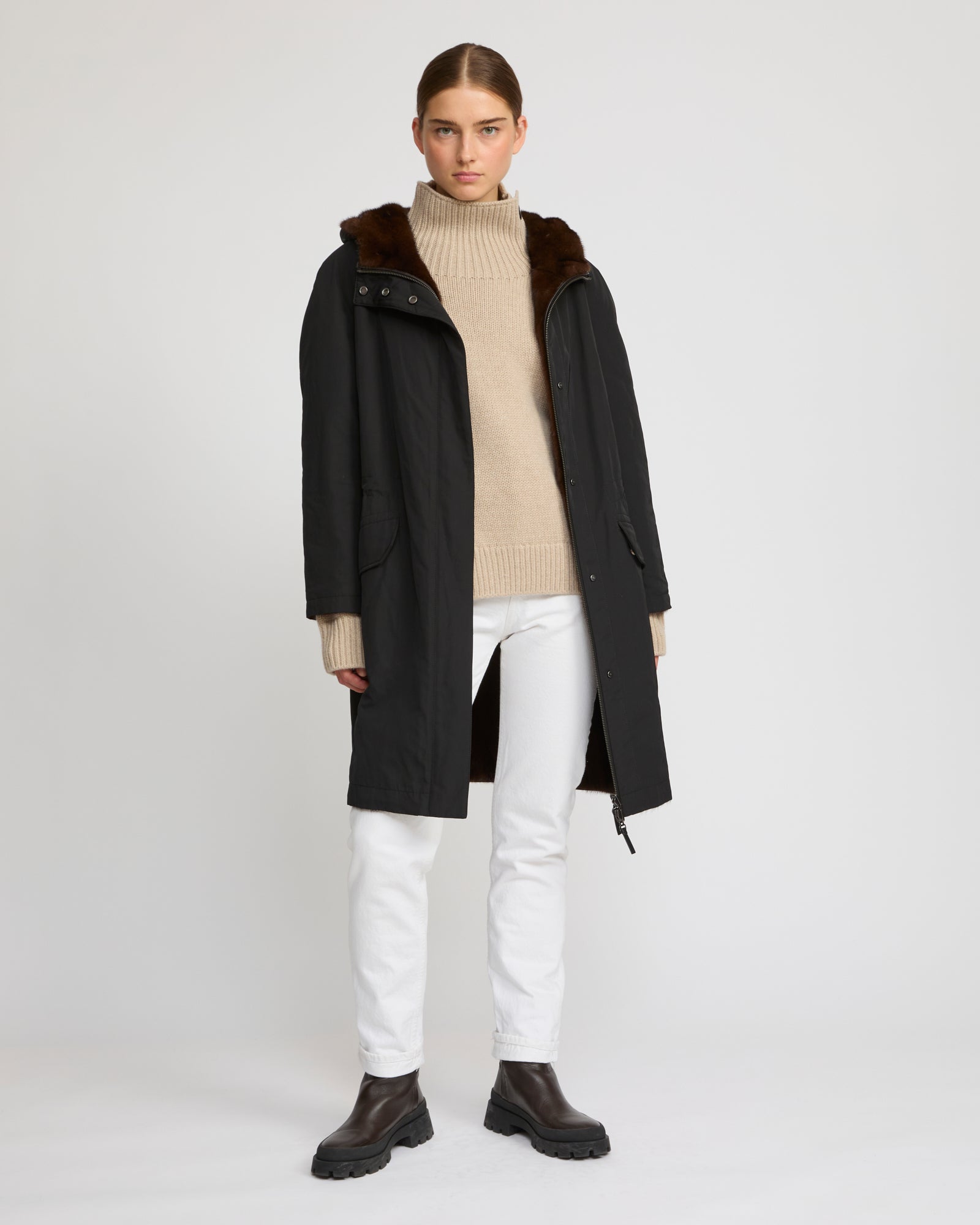 Reversible parka in technical fabric and mink fur - black - Yves
