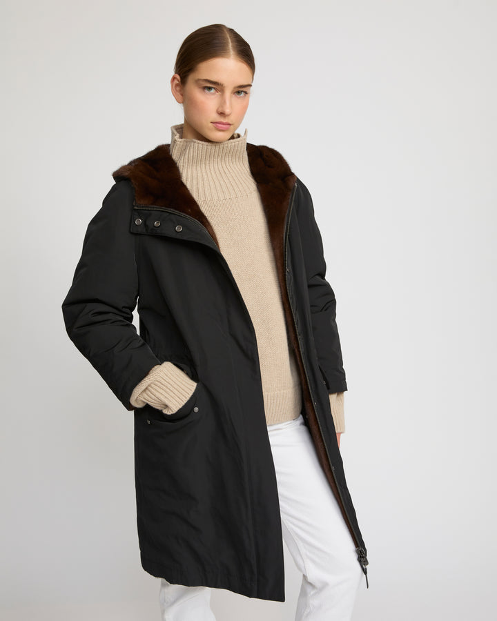 Reversible parka in technical fabric and mink fur