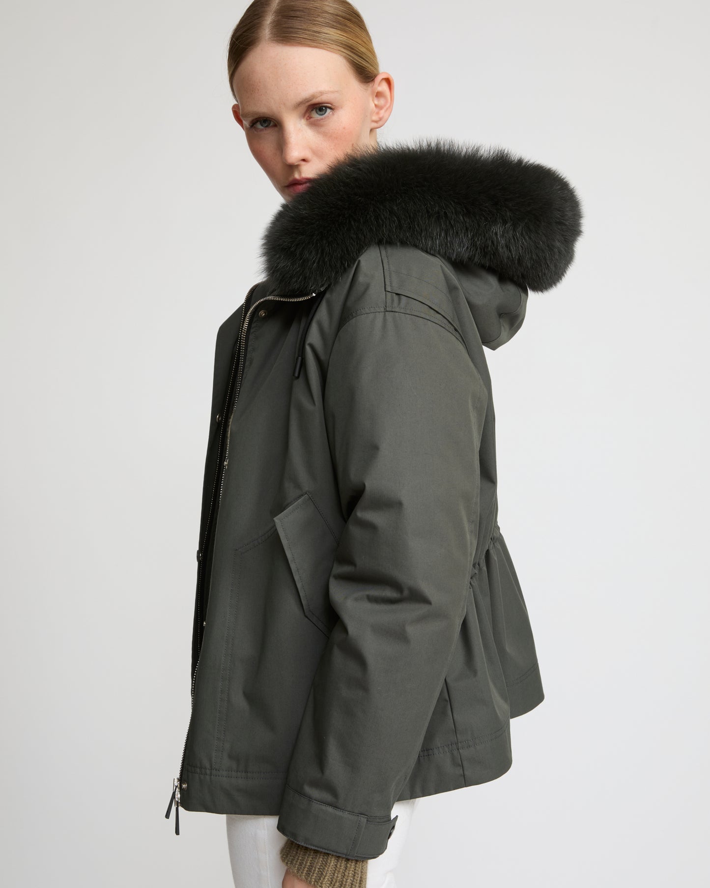 Short parka in cotton blend and fox and rabbit fur