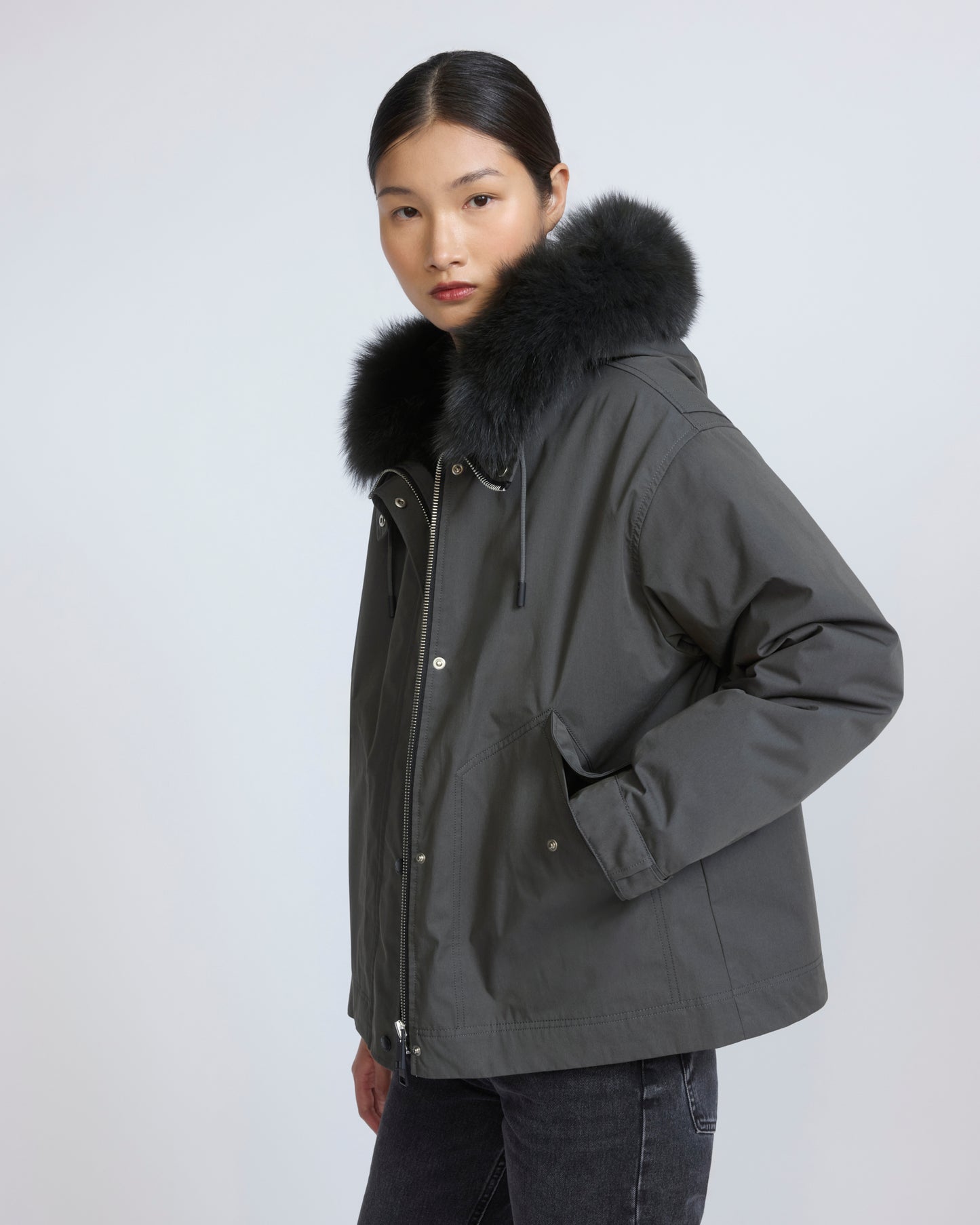 Short parka in cotton with fox and rabbit fur - Yves Salomon - New Fall/Winter Collection