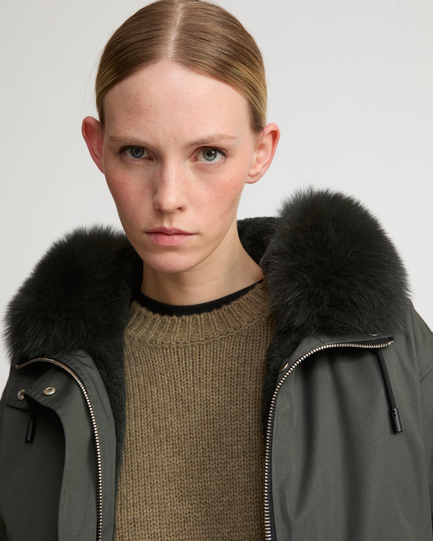 Short parka in cotton blend and fox and rabbit fur