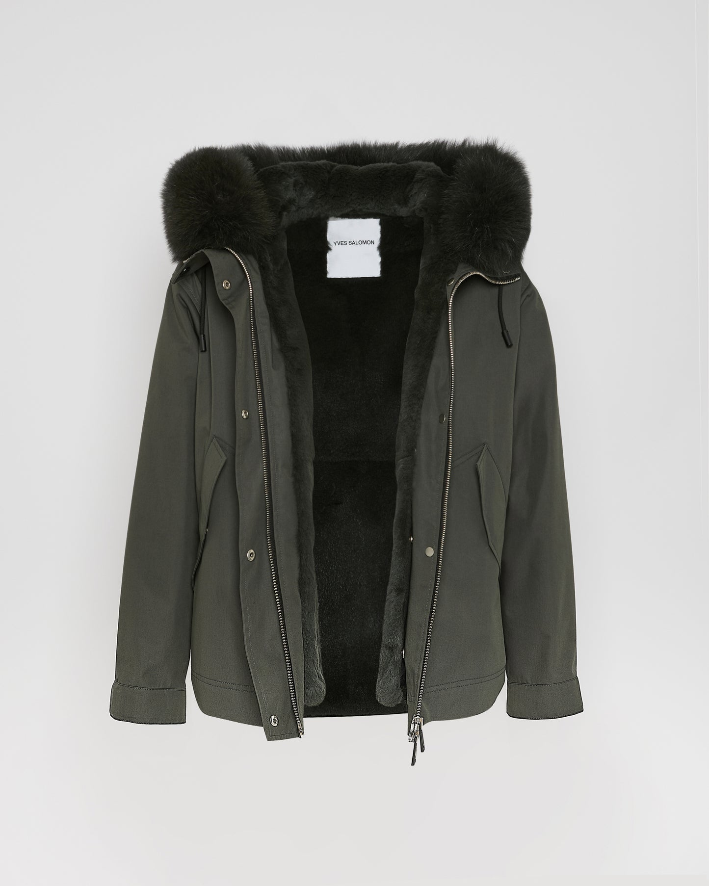 Short parka in cotton blend and fox and rabbit fur