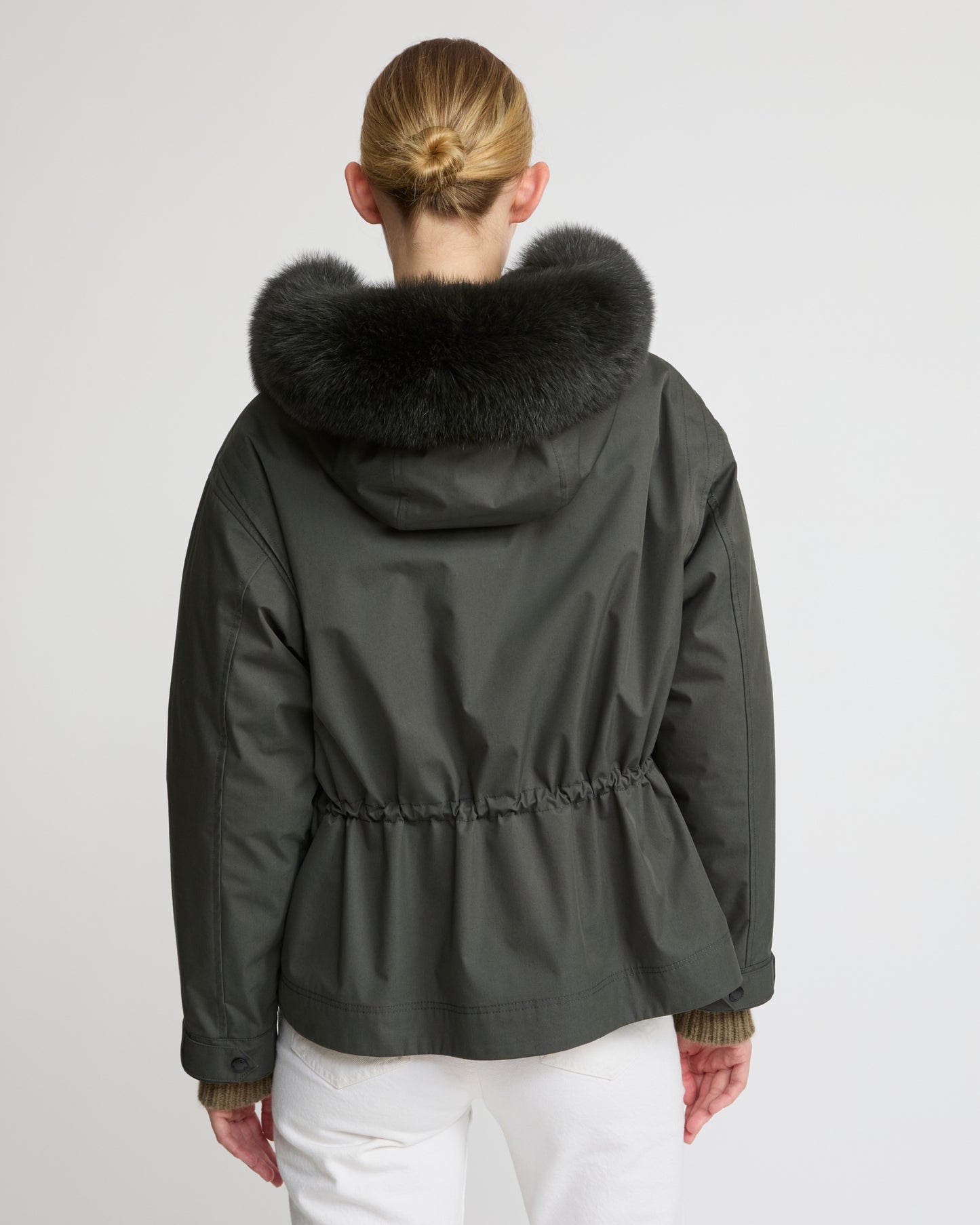 Short parka in cotton blend and fox and rabbit fur