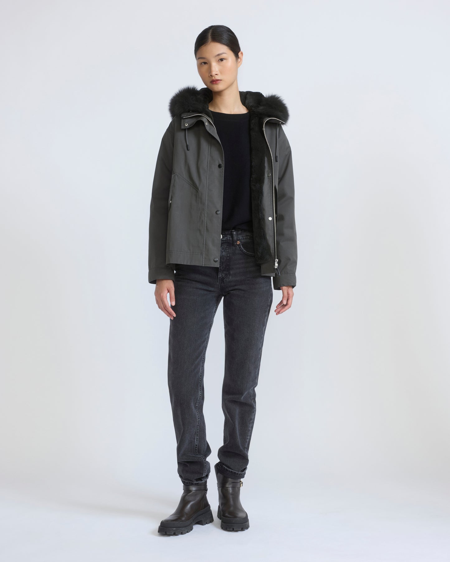 Short parka in cotton with fox and rabbit fur - Yves Salomon - New Fall/Winter Collection