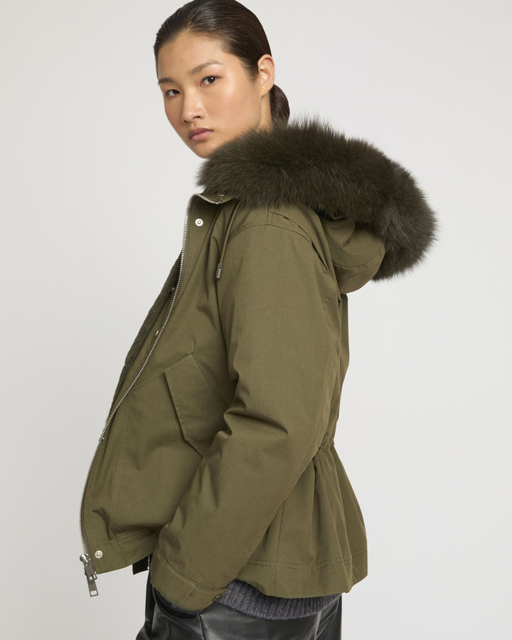 Short parka in cotton blend and fox and rabbit fur