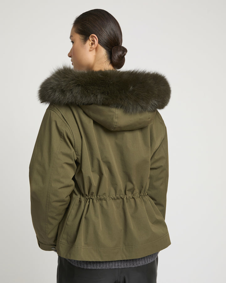 Short parka in cotton blend and fox and rabbit fur