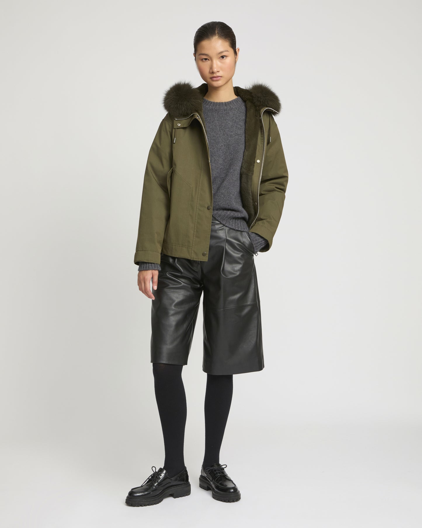 Short parka in cotton blend and fox and rabbit fur