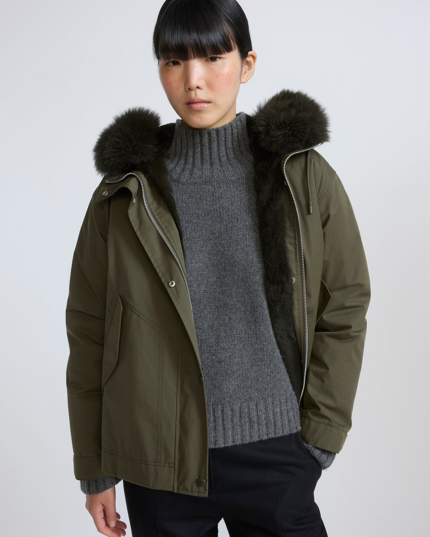 Short parka in cotton with fox and rabbit fur - Yves Salomon - New Fall/Winter Collection