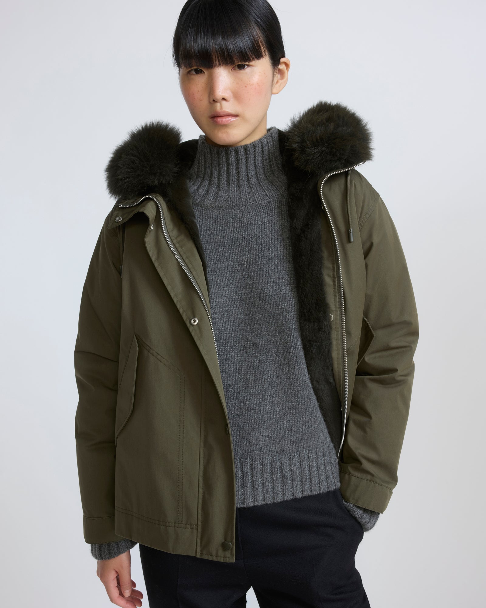 Short parka in cotton with fox and rabbit fur - Yves Salomon - New Fall/Winter Collection