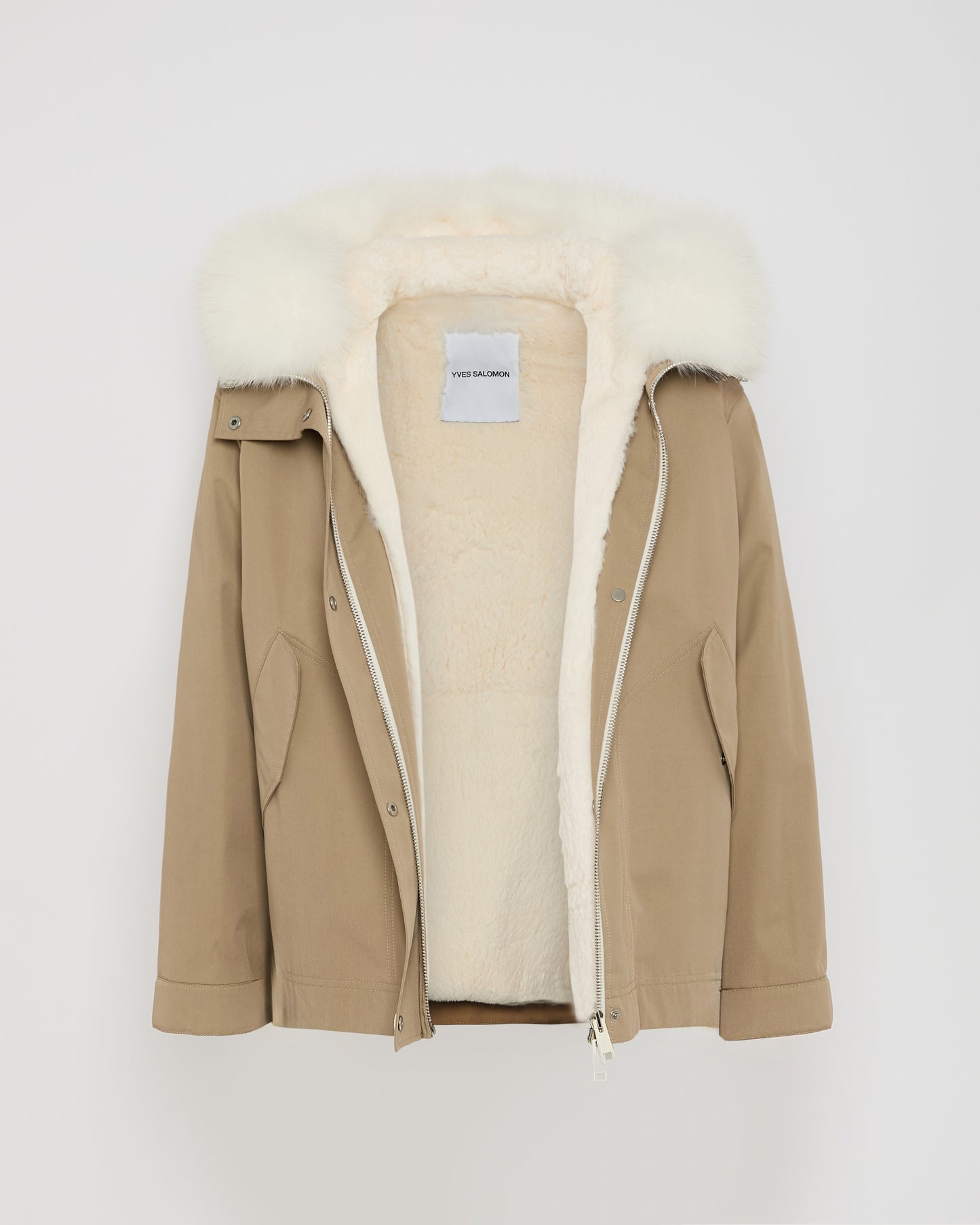 Short parka in cotton blend and fox and rabbit fur
