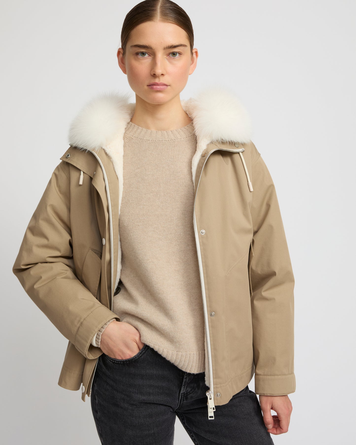 Short parka in cotton blend and fox and rabbit fur