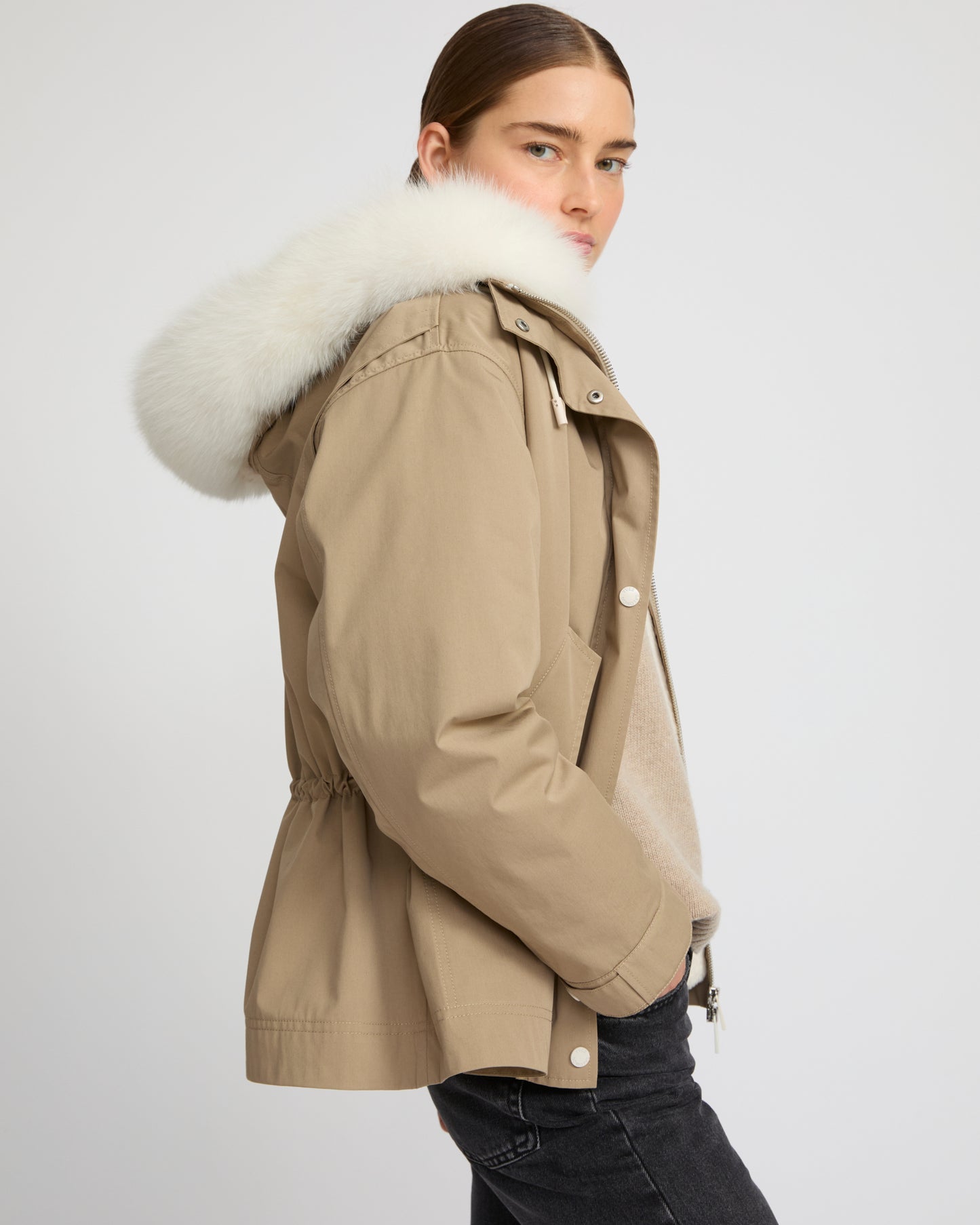 Short parka in cotton blend and fox and rabbit fur