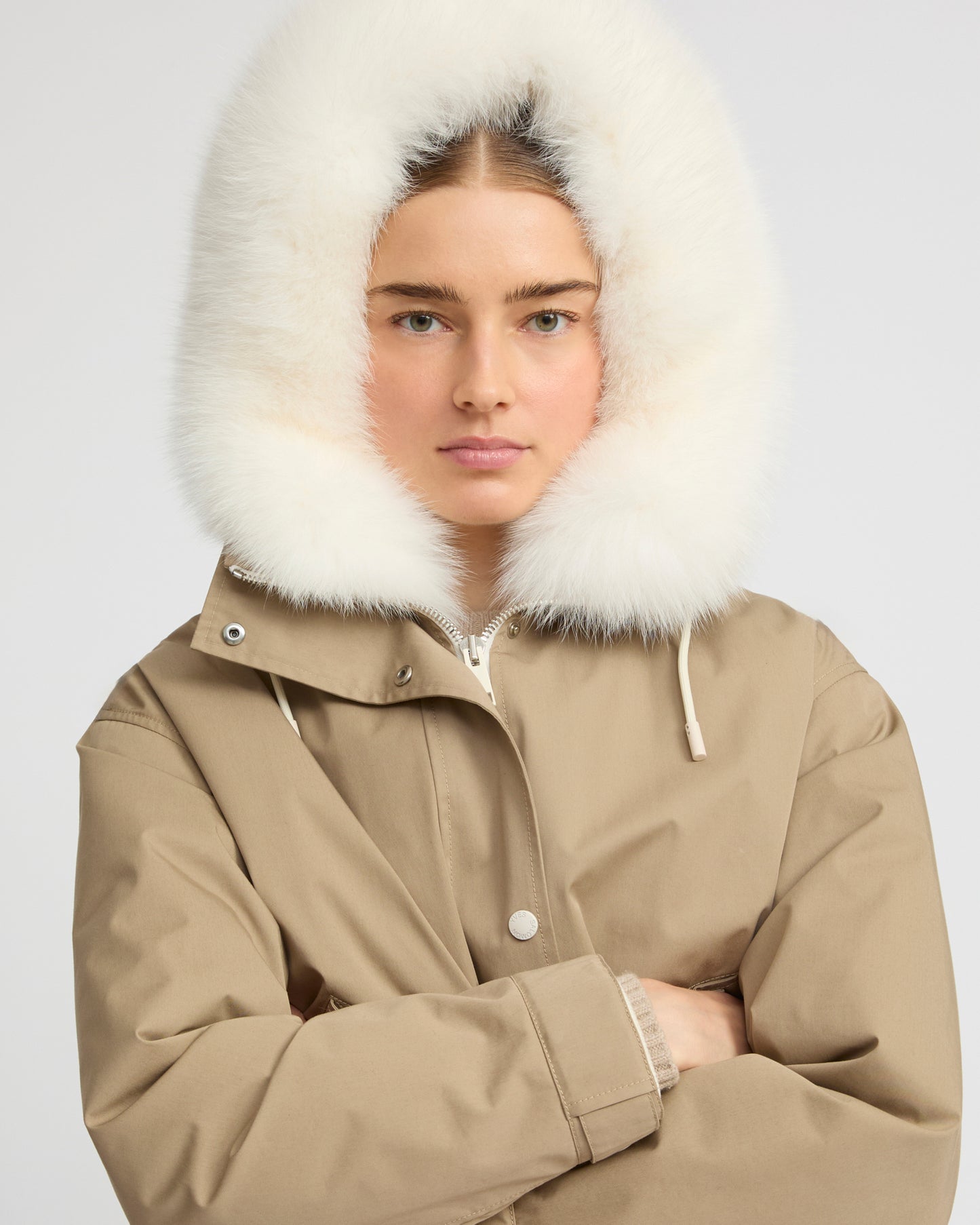 Short parka in cotton blend and fox and rabbit fur
