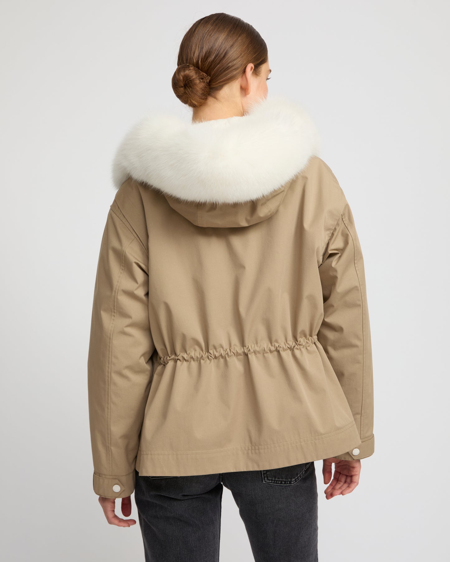 Short parka in cotton blend and fox and rabbit fur