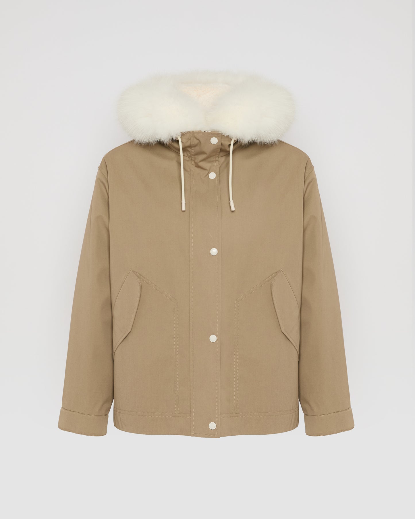 Short parka in cotton blend and fox and rabbit fur