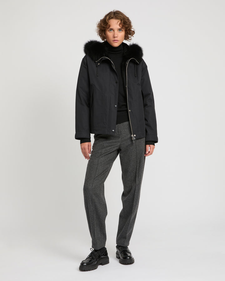 Short parka in cotton blend and fox and rabbit fur