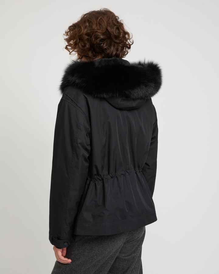 Short parka in cotton blend and fox and rabbit fur