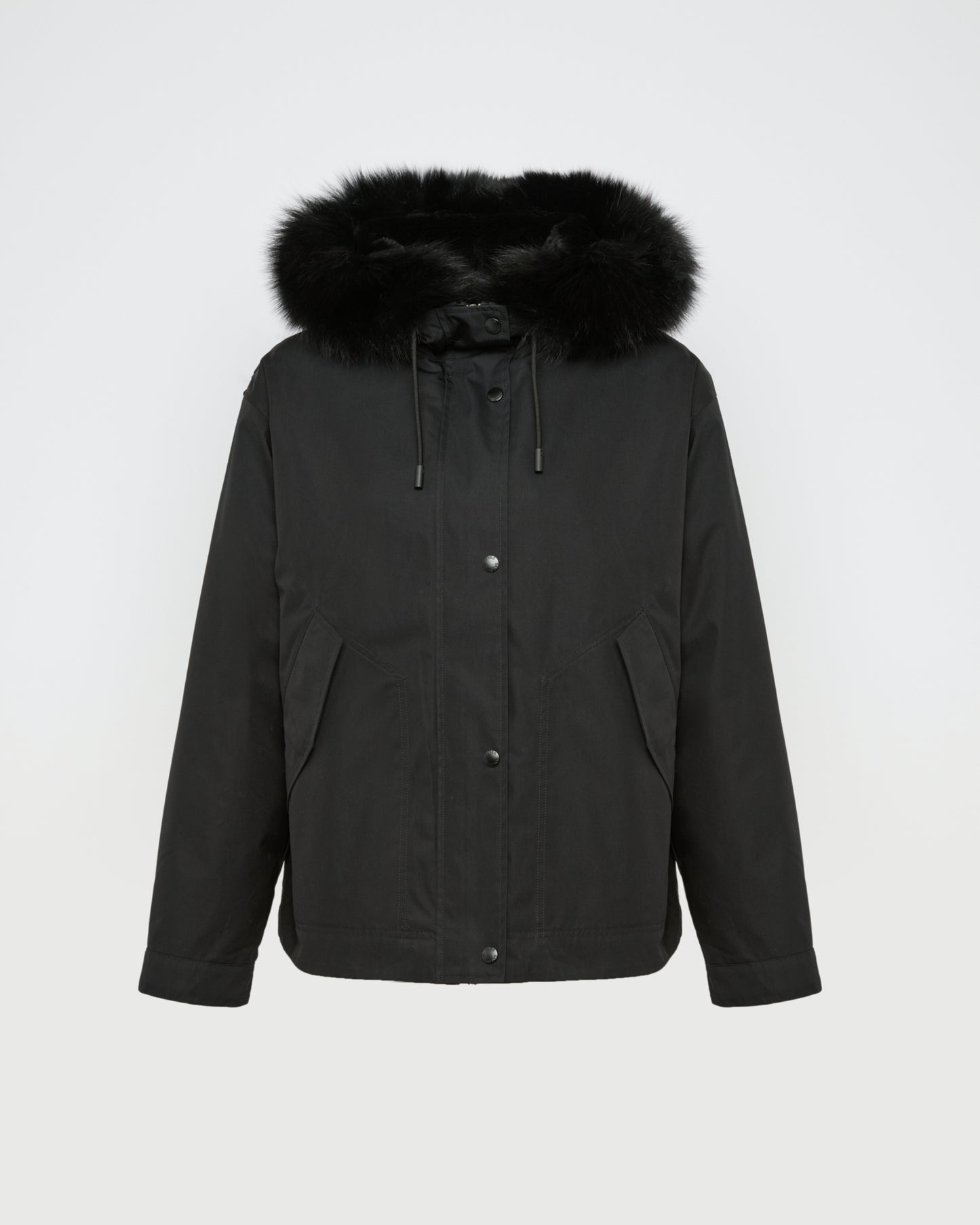 Short parka in cotton blend and fox and rabbit fur