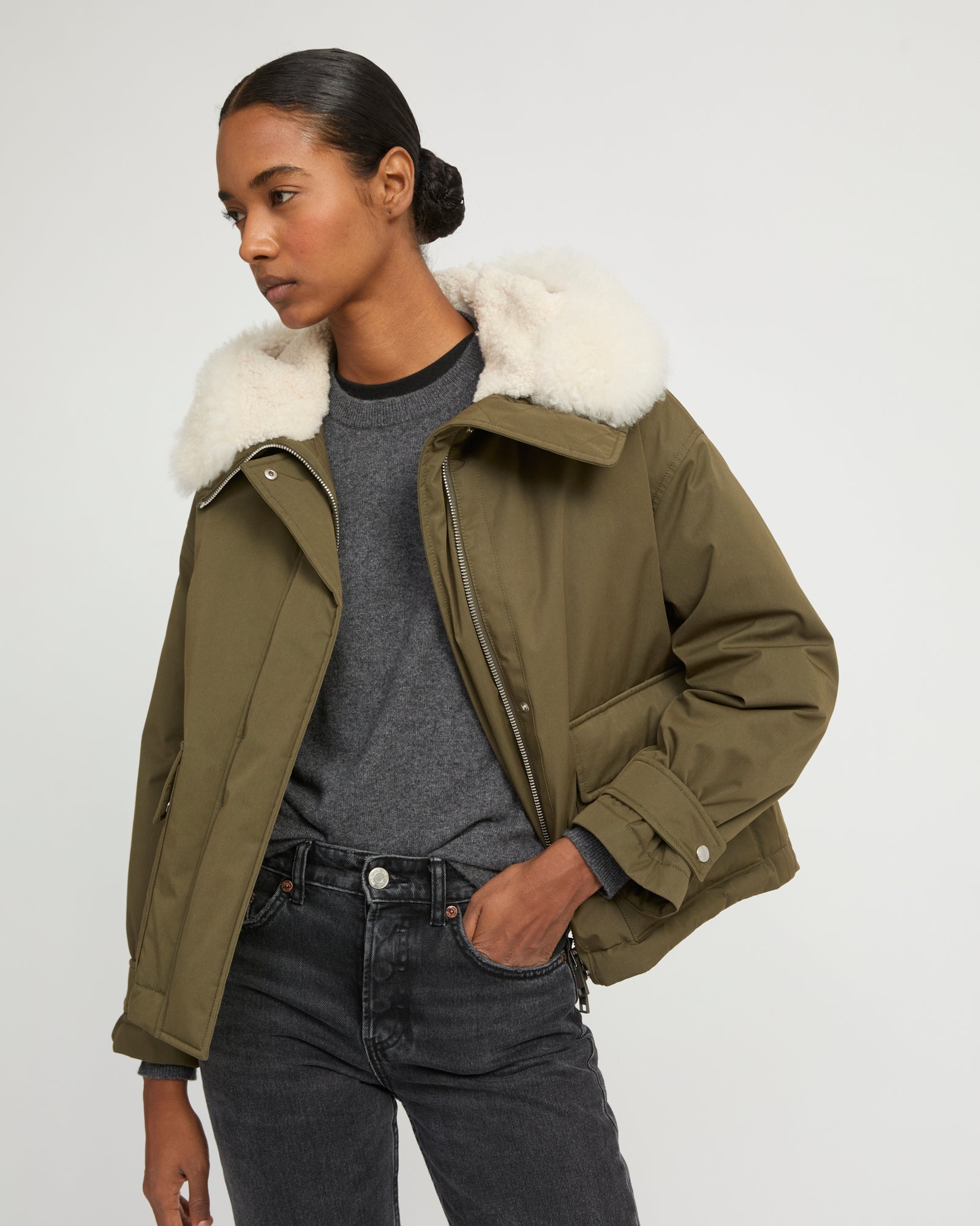 Short parka in cotton blend and shearling - khaki - Winter sale