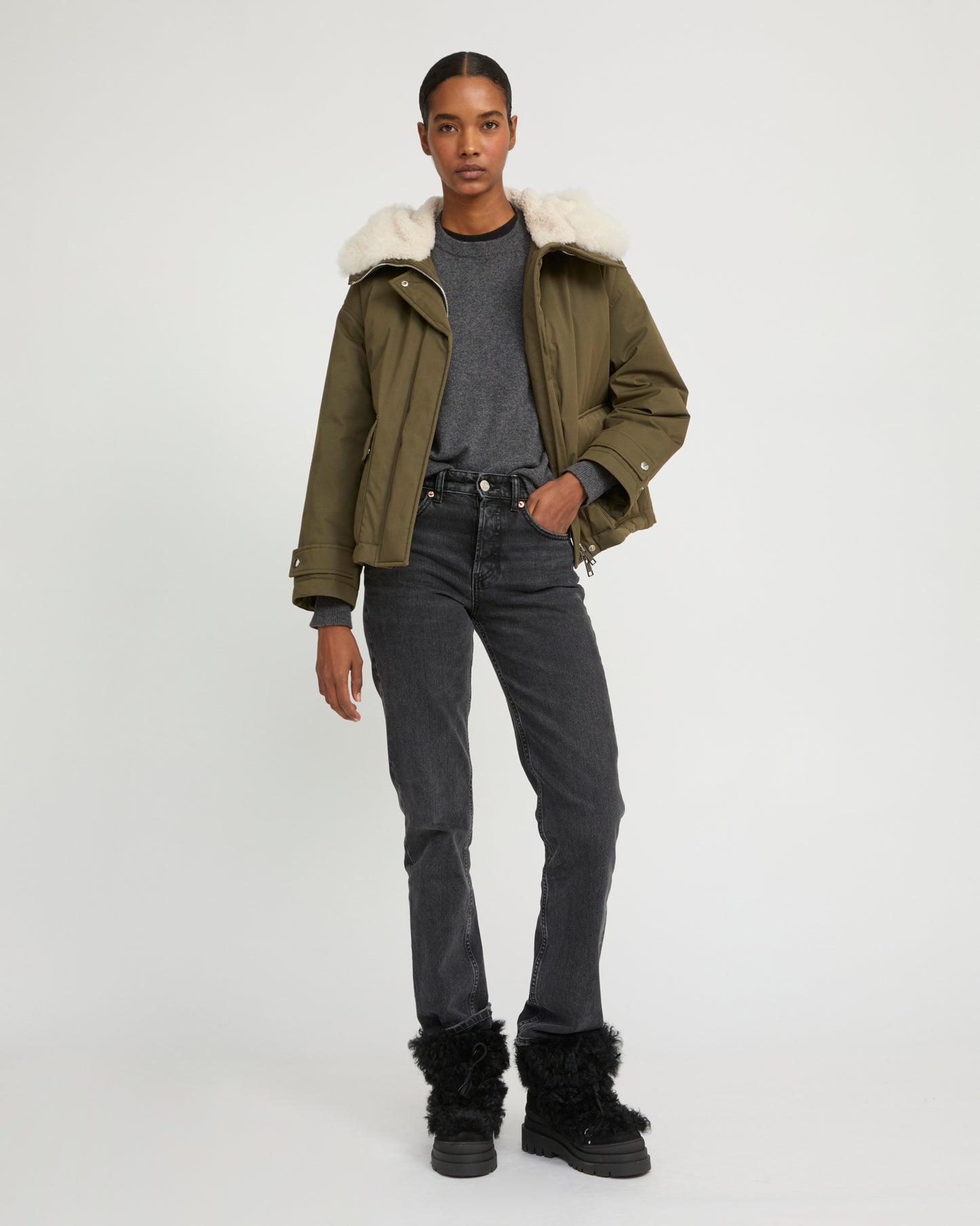 Short parka in cotton blend and lambskin shearling - Yves Salomon