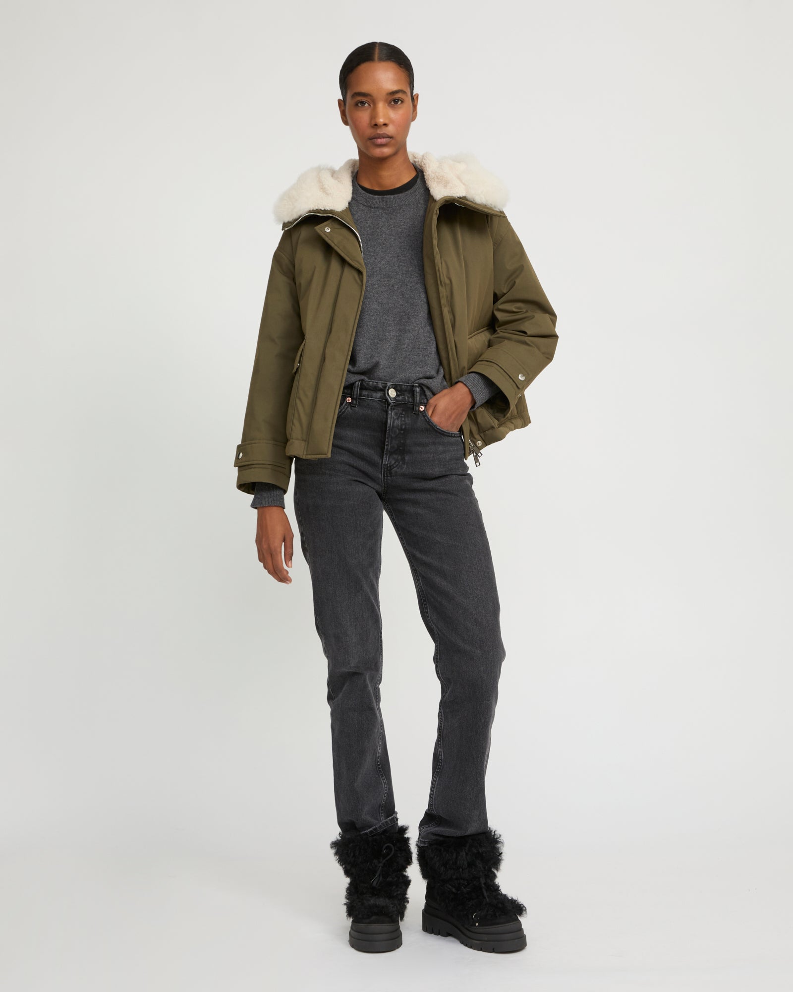 Short parka in cotton blend and lambskin shearling - Yves Salomon
