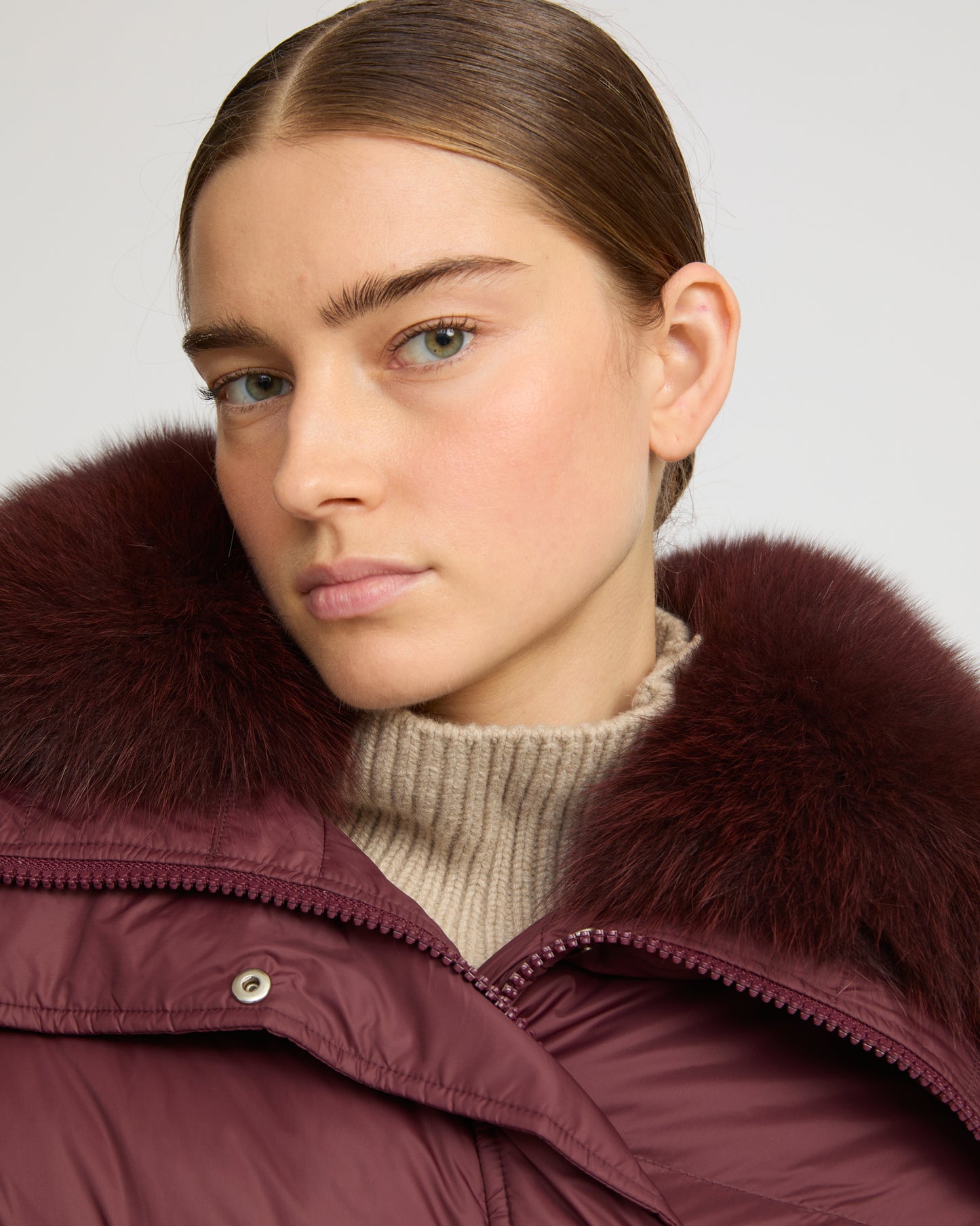 Short down jacket with fox trim
