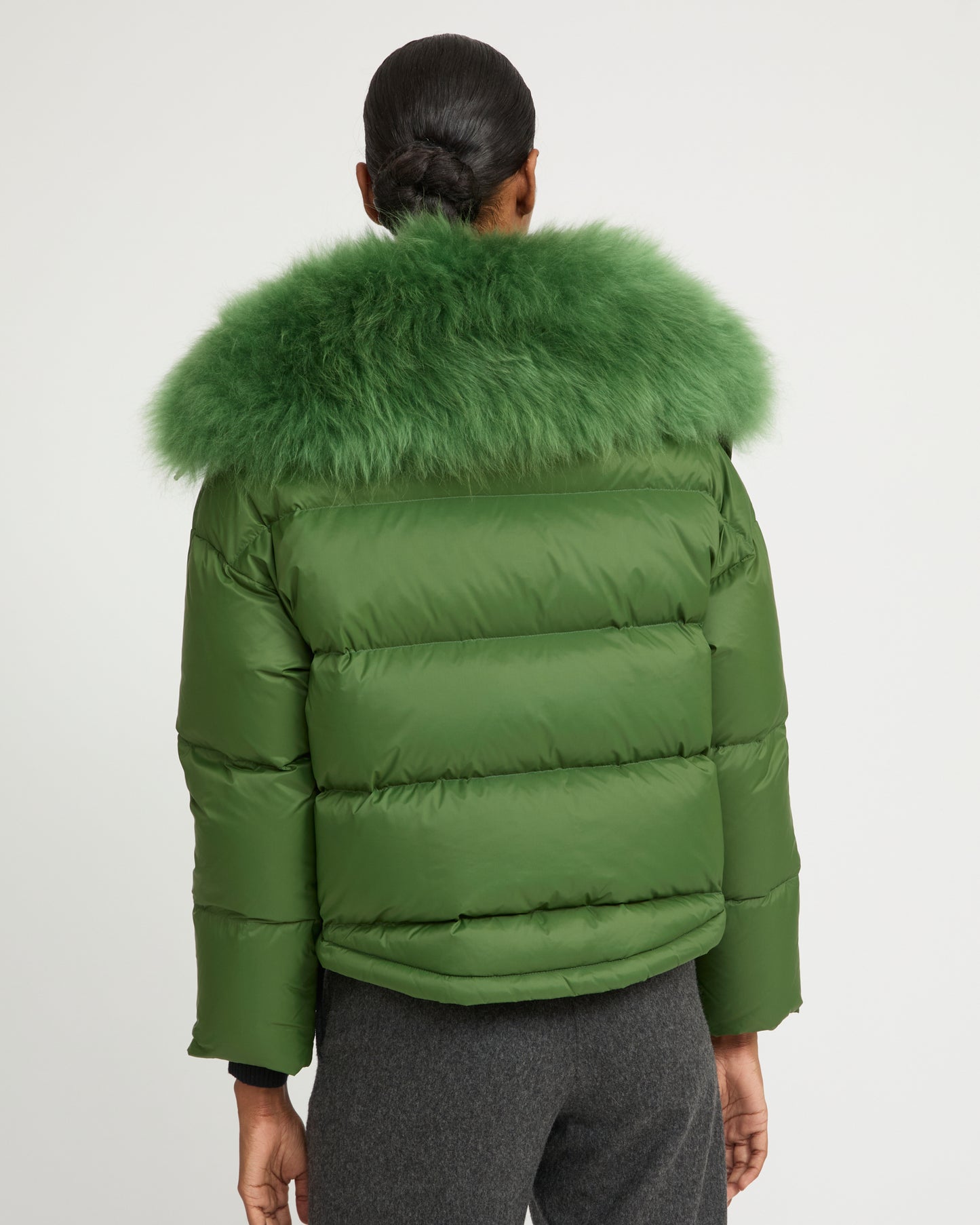 Short down jacket with fluffy lambswool trim