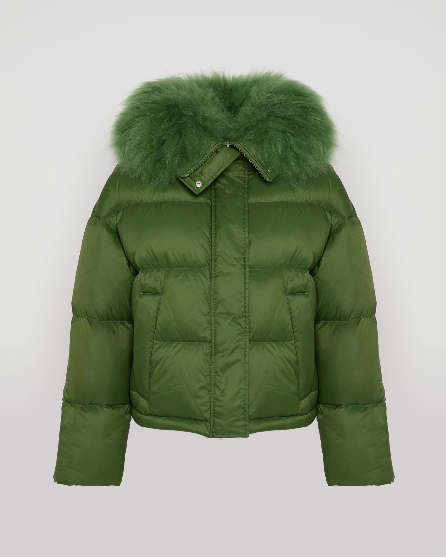 Short down jacket with fluffy lambswool trim