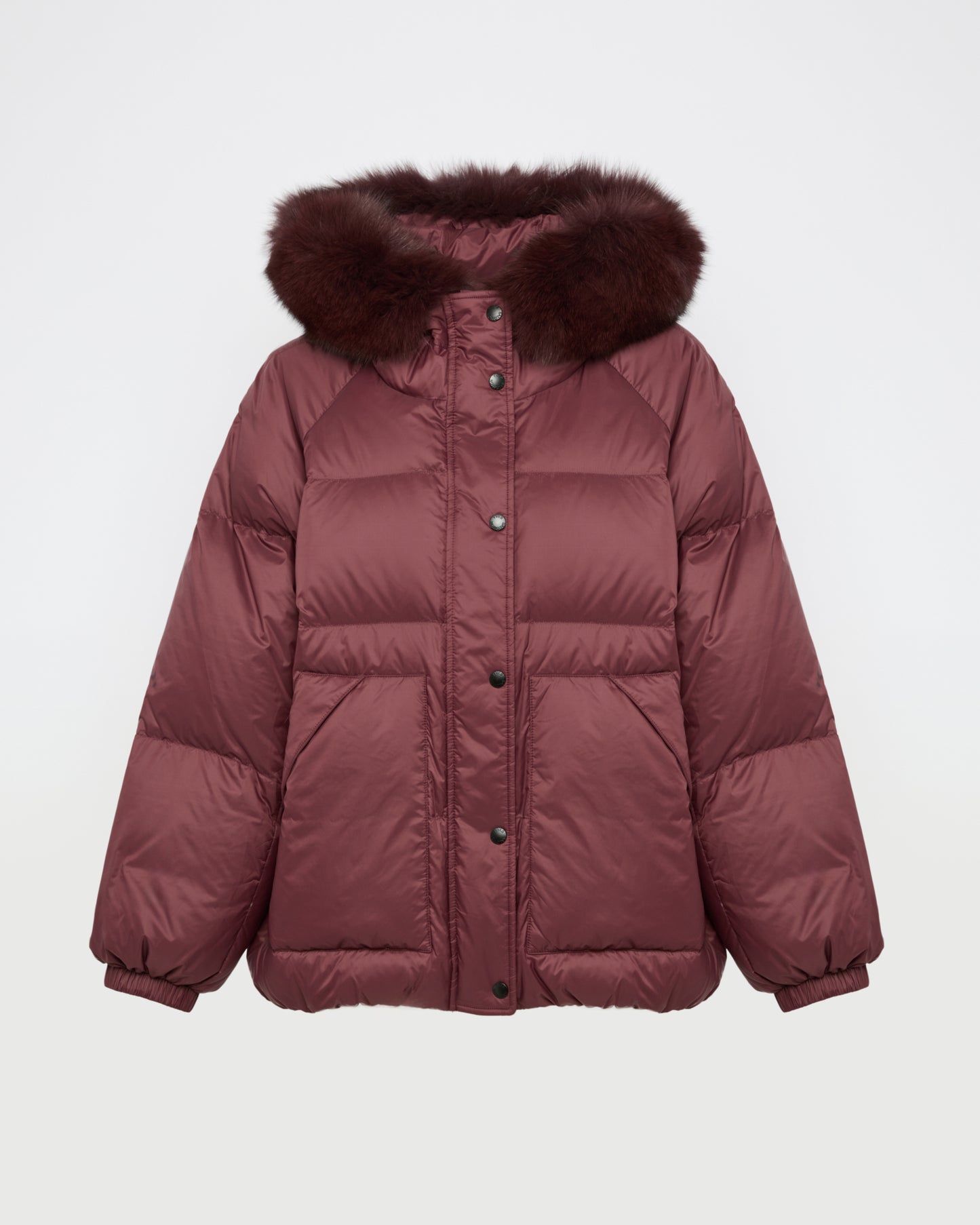 Short down jacket with raglan sleeves and fox fur trim
