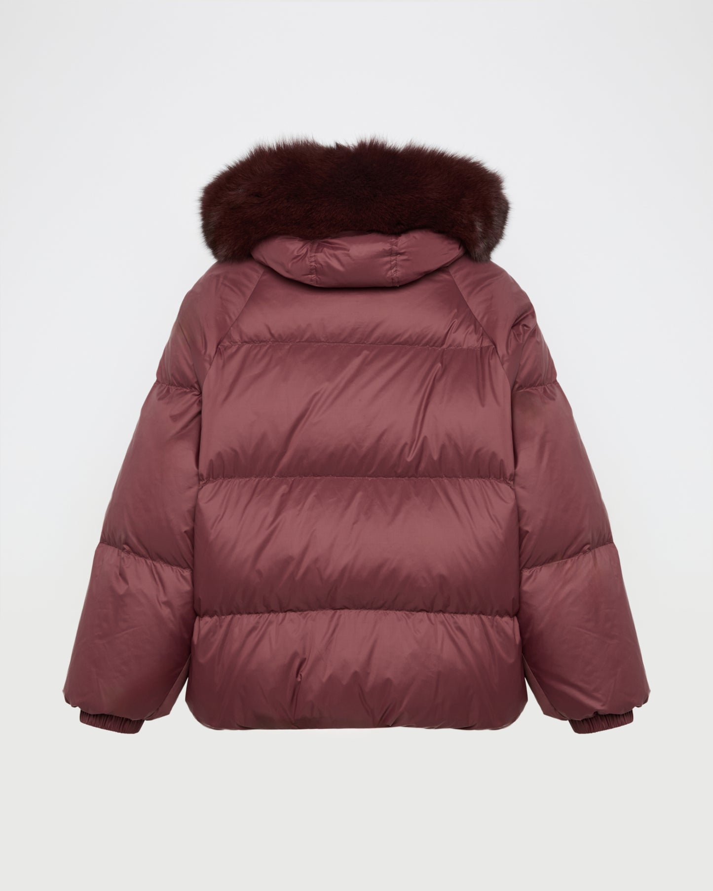 Short down jacket with raglan sleeves and fox fur trim