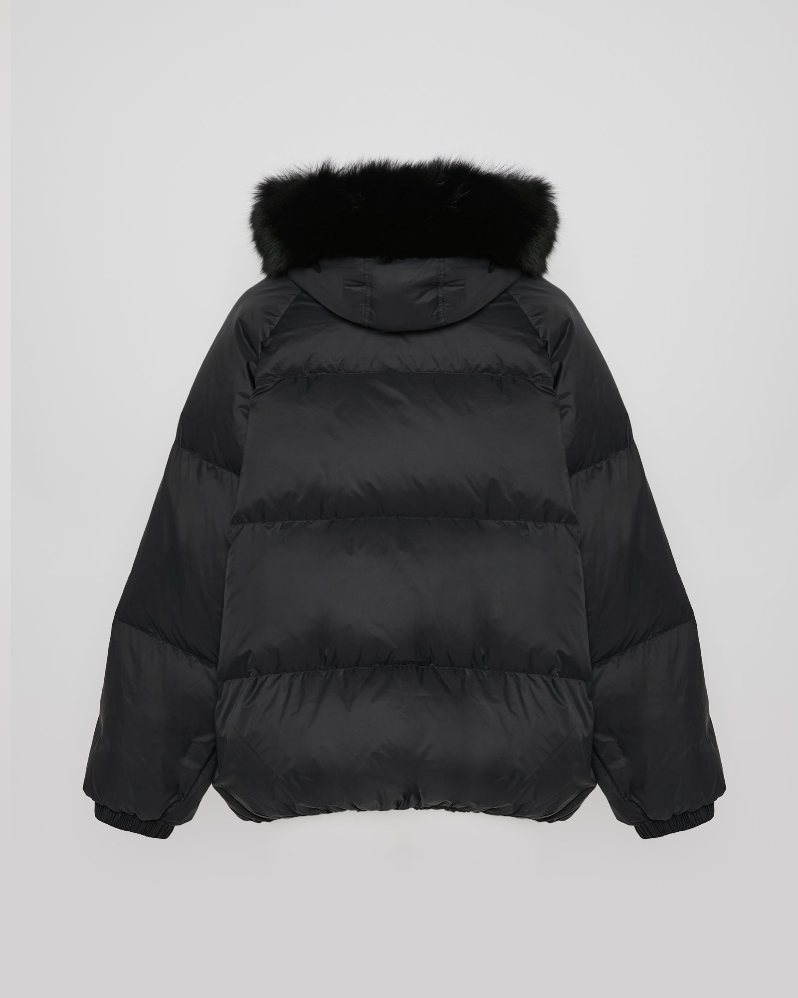 Short down jacket with raglan sleeves and fox fur trim - black