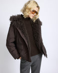 Short ultra-light down jacket with curly lambskin trim
