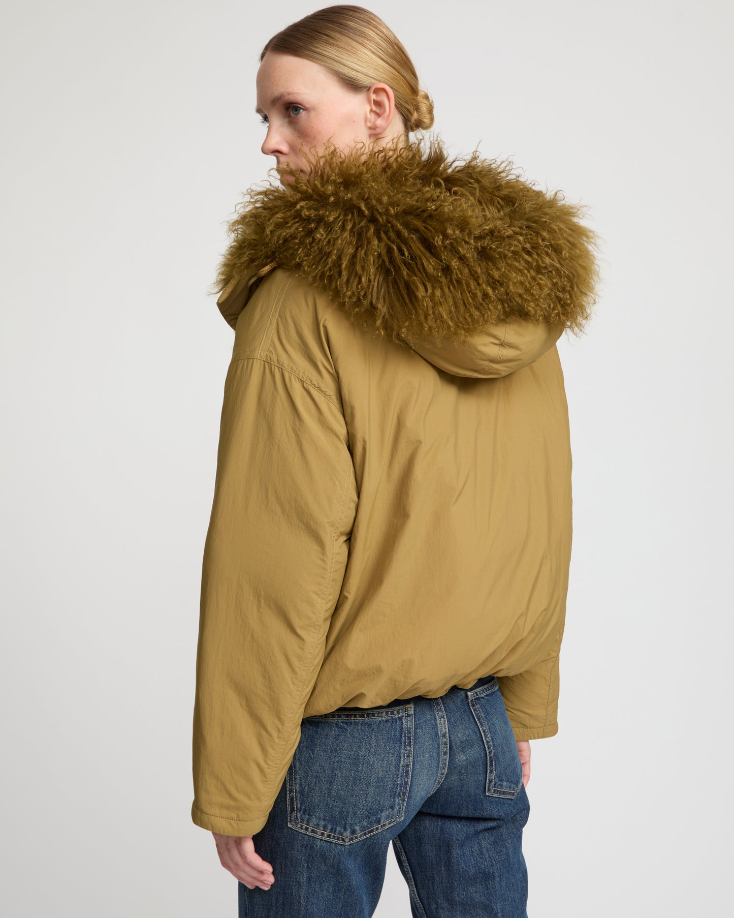 Short ultra-light down jacket with curly lambskin trim