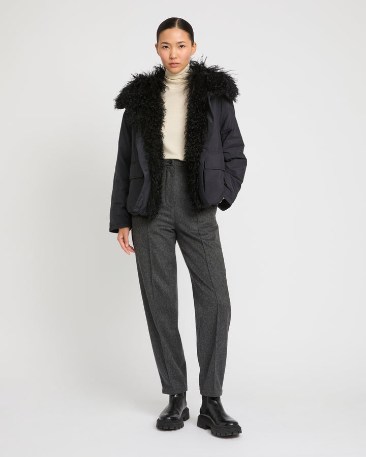Short ultra-light down jacket with curly lambskin trim