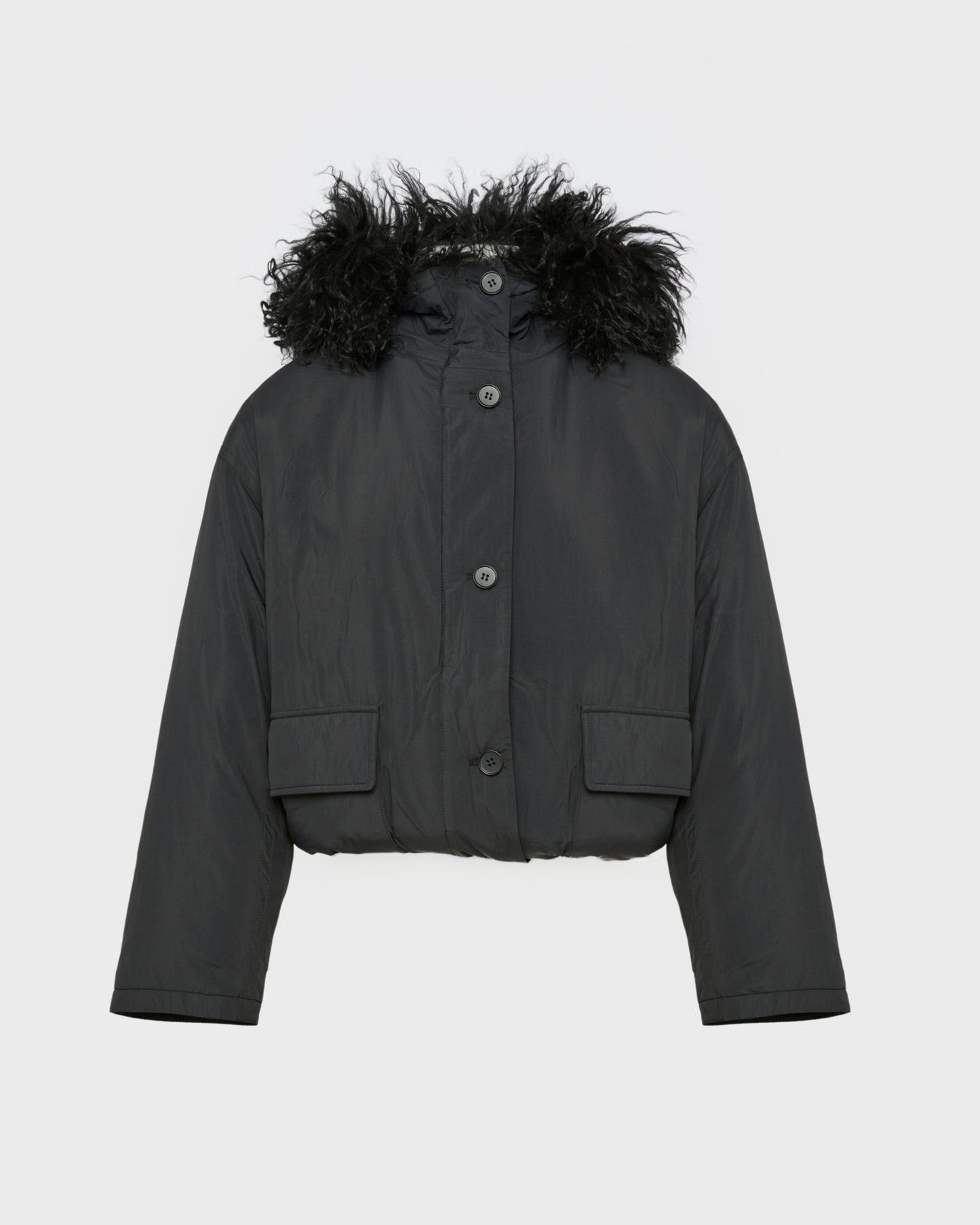 Short ultra-light down jacket with curly lambskin trim