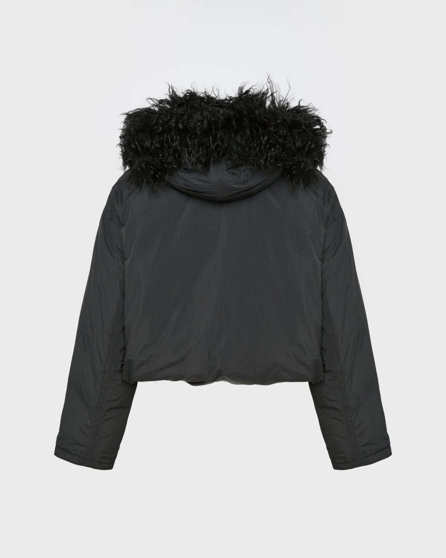 Short ultra-light down jacket with curly lambskin trim