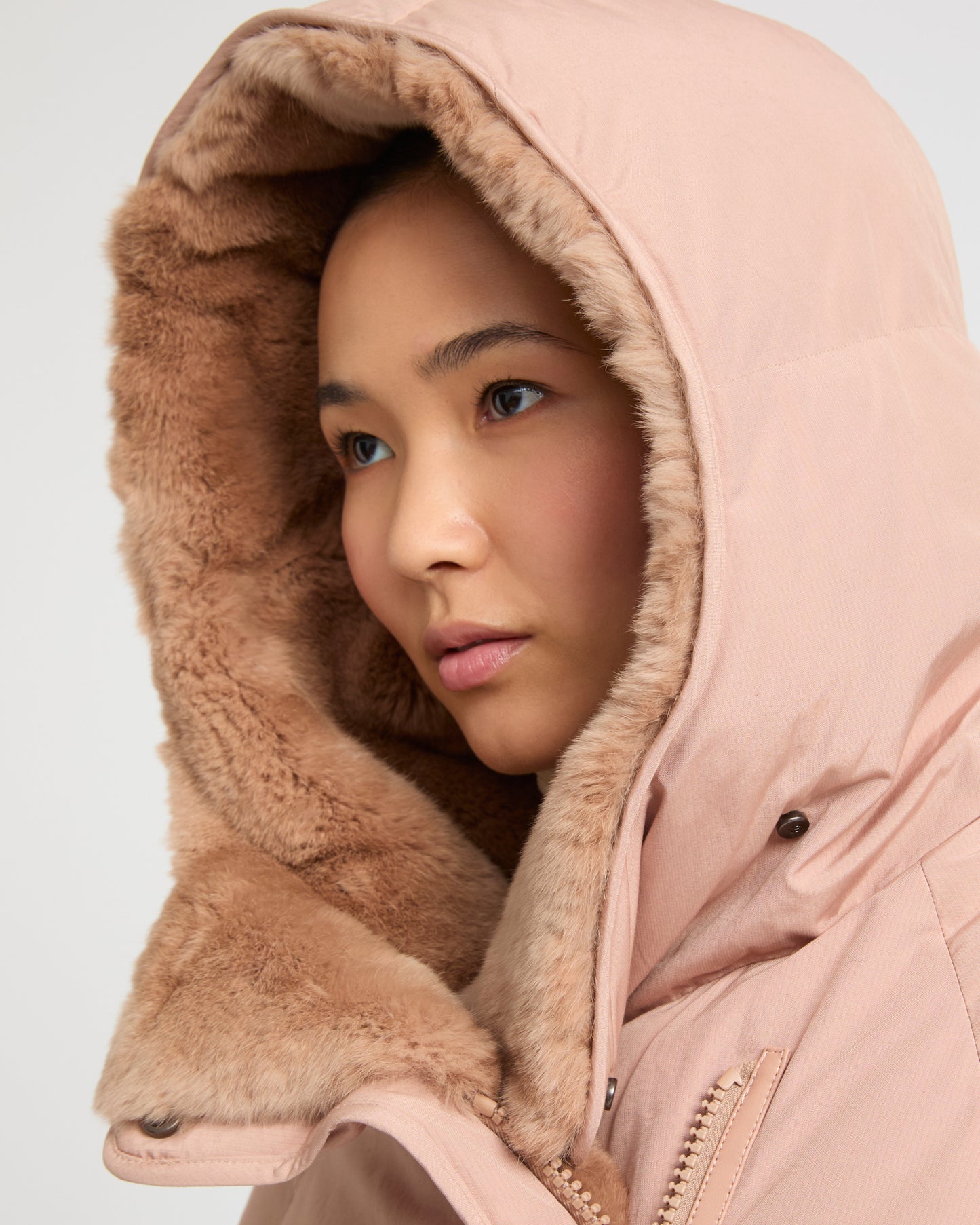 Short down jacket with rex rabbit fur trim