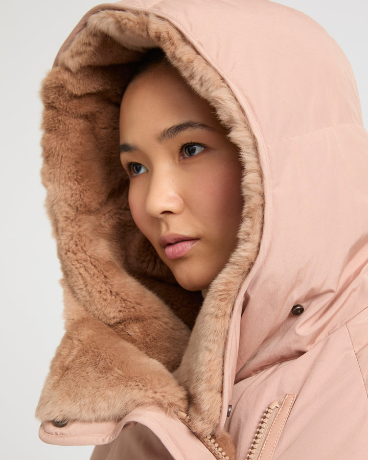 Short down jacket with rex rabbit fur trim